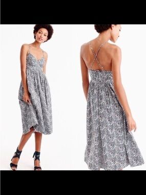 J. Crew Grey Floral Spaghetti-Strap Midi Dress